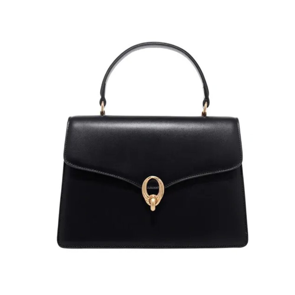 Retro Style Leather L'Festin Top Handle Shoudler Bag with Gold Hardware - Black